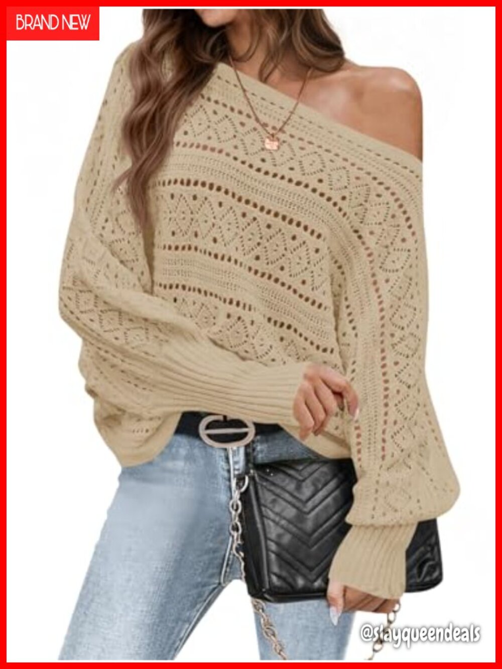 Off The Shoulder Oversized Knit Crochet Batwing Long Sleeve Pullover Sweater